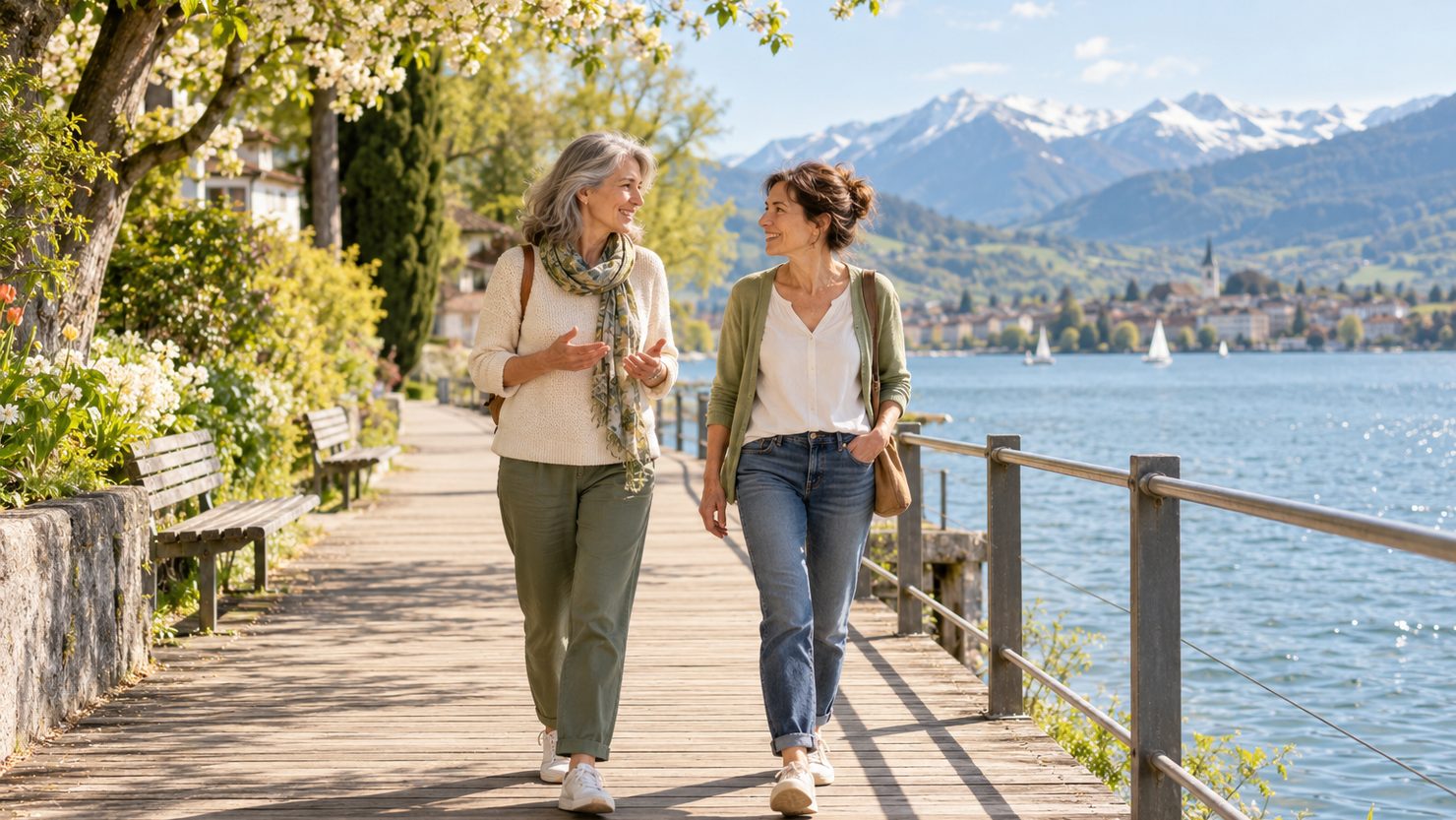 Eine Frau spaziert gemächlich mit einer Freundin auf einem sonnigen Holzsteg am See