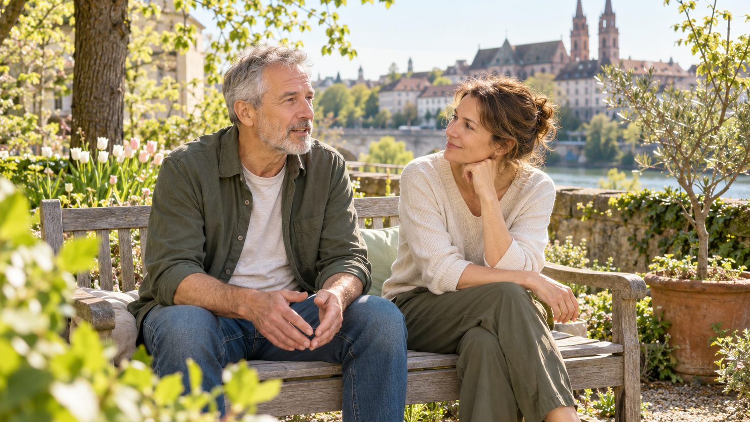 Ein Mann und seine Schwester sitzen auf einer Gartenbank in Basel und hören einander warm zu