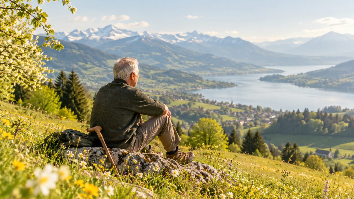 Ein älterer Mann sitzt auf einer Blumenwiese und blickt dankbar über ein weites Tal