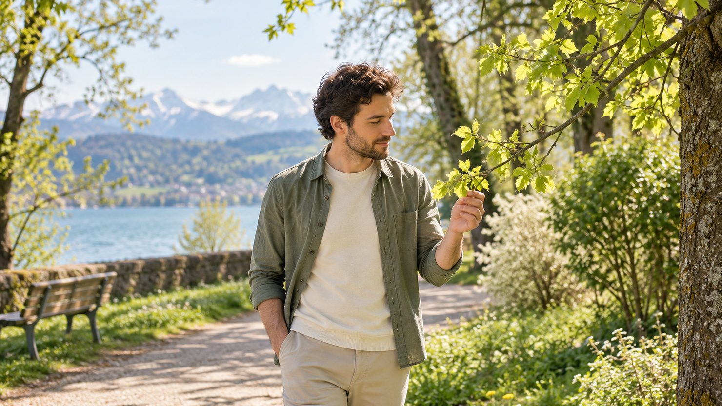 Ein Mann berührt bei einem Spaziergang durch den Park ein frisches Frühlingsblatt