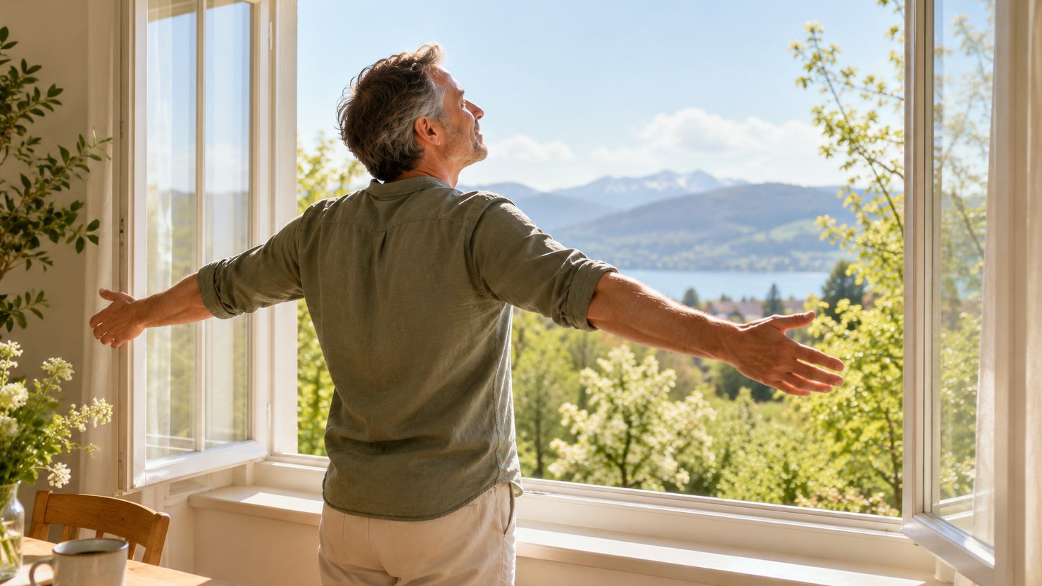 Ein Mann streckt am offenen Fenster die Arme aus und atmet die Morgenluft tief ein