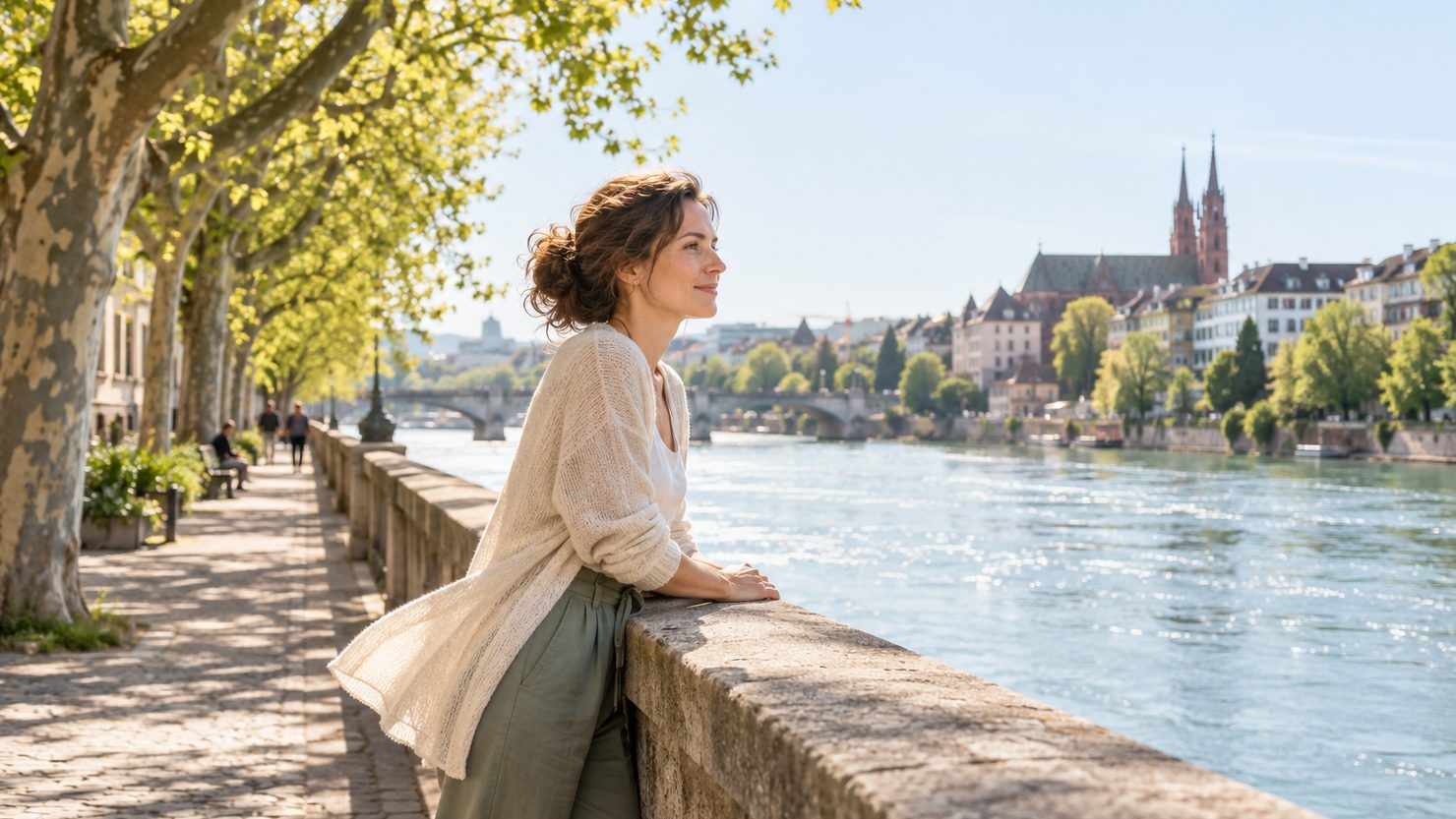 Eine Frau bleibt auf der Rheinpromenade in Basel stehen und blickt entspannt auf den Fluss