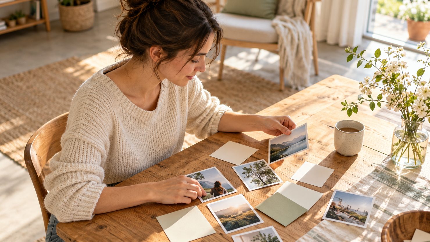 Eine junge Frau ordnet nachdenklich persönliche Fotos und leere Karten auf einem Holztisch
