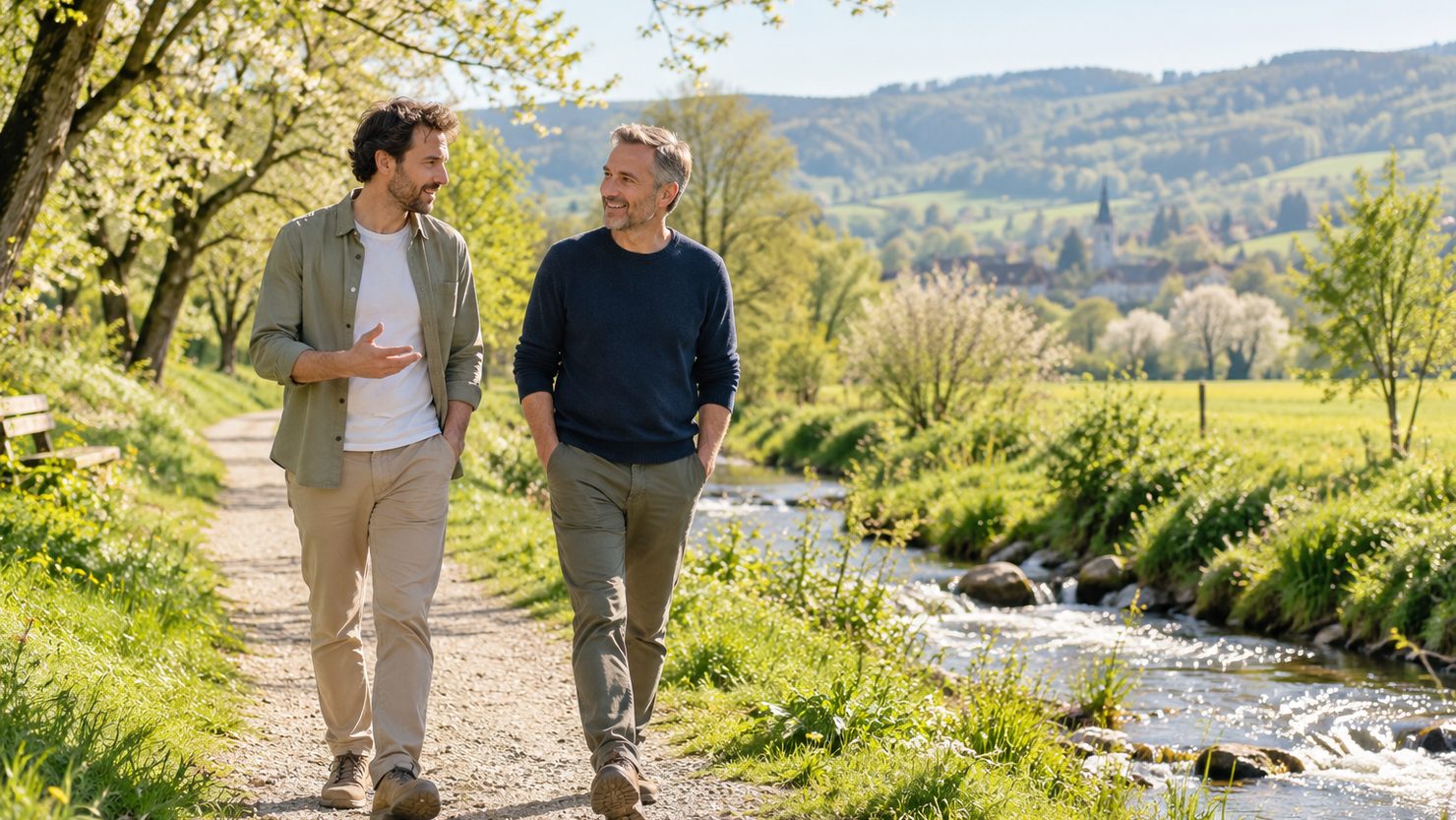 Zwei Freunde spazieren im Gespräch an einem sonnigen Bach im Baselbiet entlang