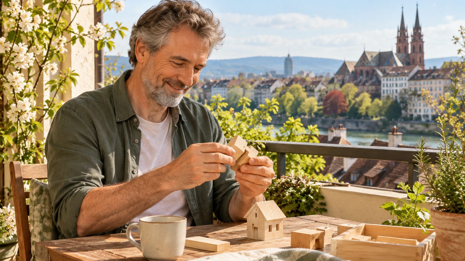 Ein Mann baut auf seinem sonnigen Balkon mit einem Lächeln an einem kleinen Holzmodell