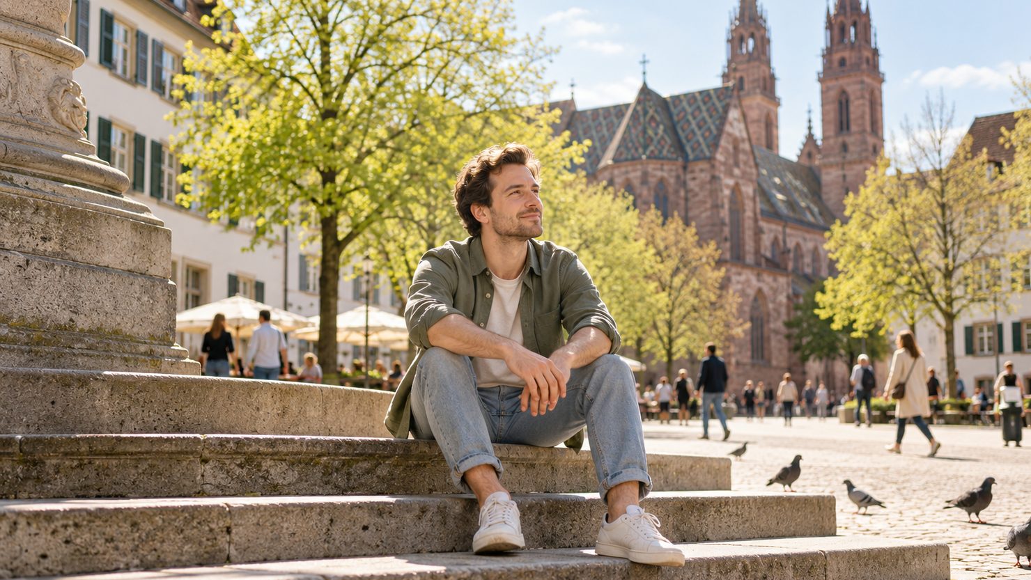 Ein Mann sitzt auf sonnigen Steinstufen auf einem Basler Platz und atmet ruhig
