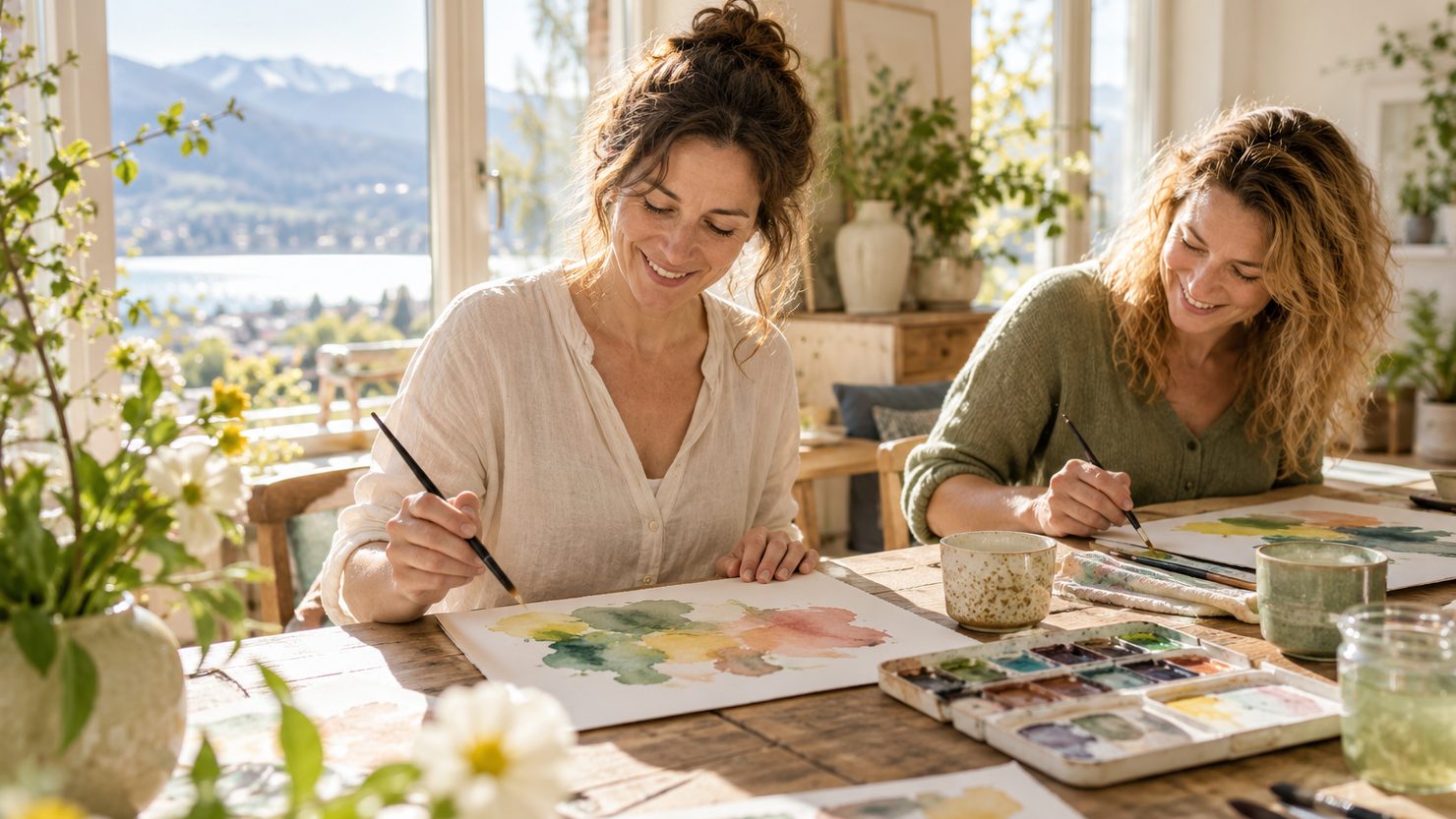 Eine Frau und eine Freundin malen zusammen und freuen sich über ein unperfektes Aquarell