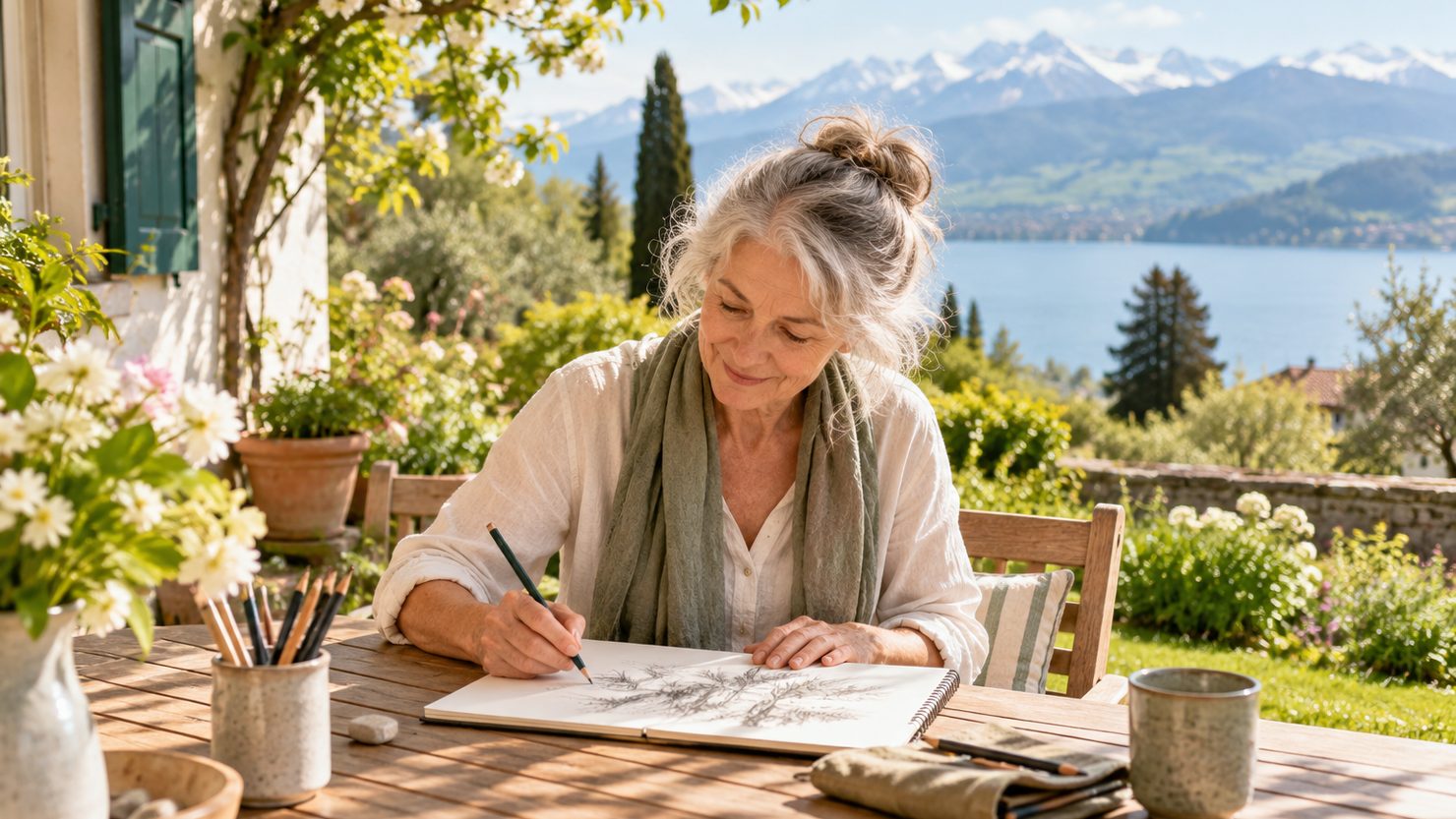 Eine Frau zeichnet in Ruhe den Blick in den Garten an einem sonnigen Holztisch