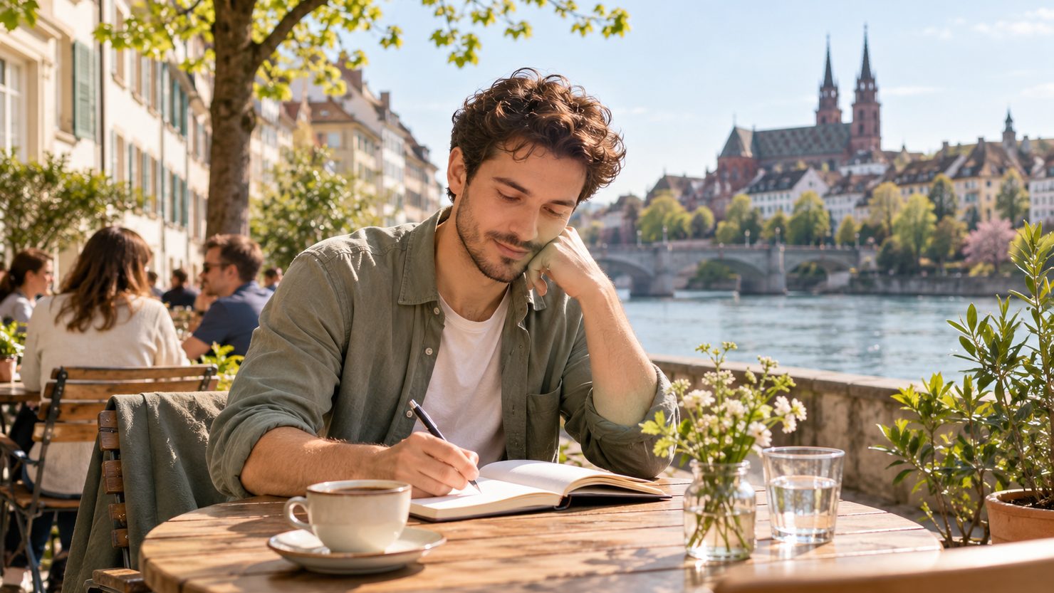 Ein junger Mann schreibt nachdenklich in ein Notizbuch an einem Cafétisch in Basel