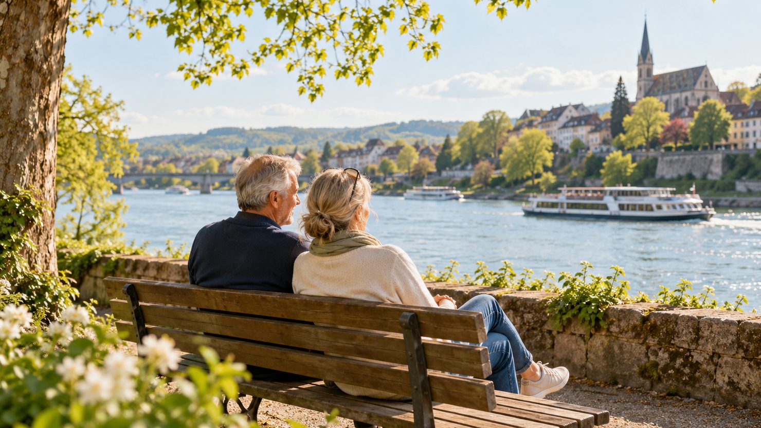 Ein älteres Paar sitzt auf einer Parkbank und schaut den Schiffen auf dem Rhein zu