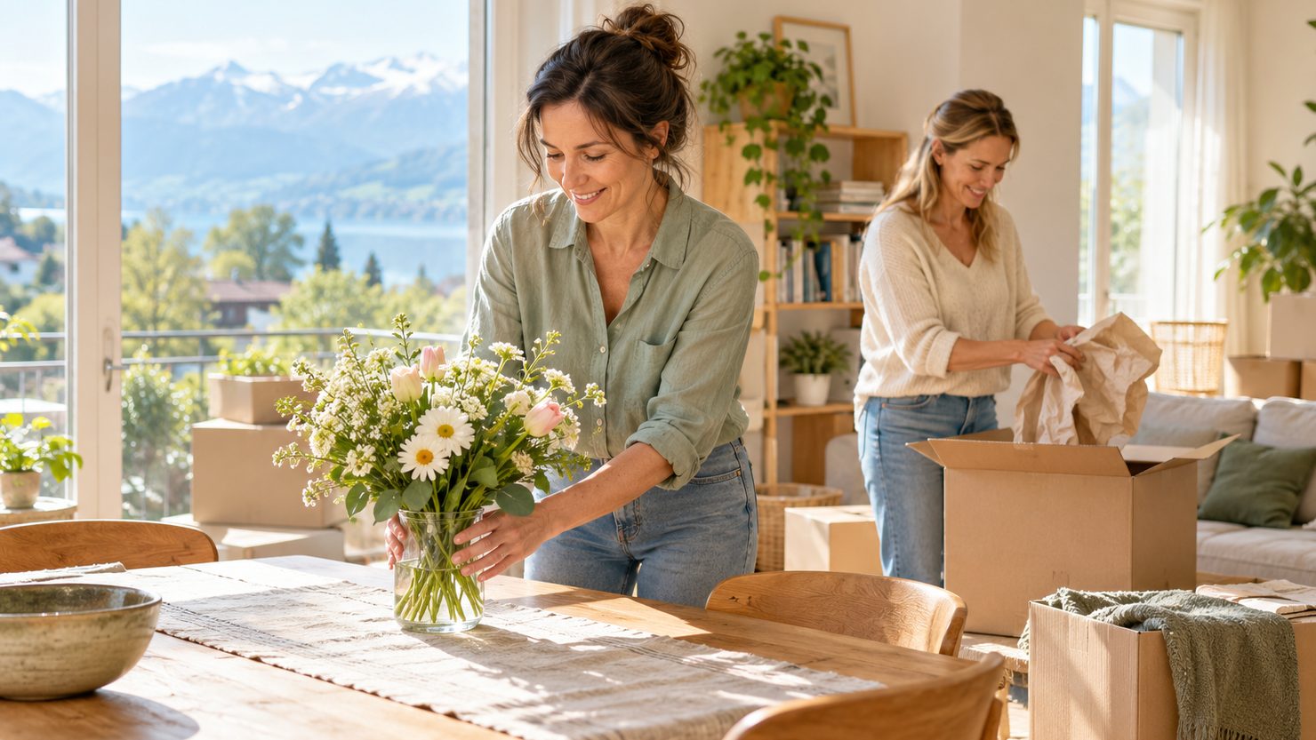 Eine Frau stellt in ihrem neuen, hellen Zuhause Blumen auf den Tisch, eine Freundin hilft beim Auspacken