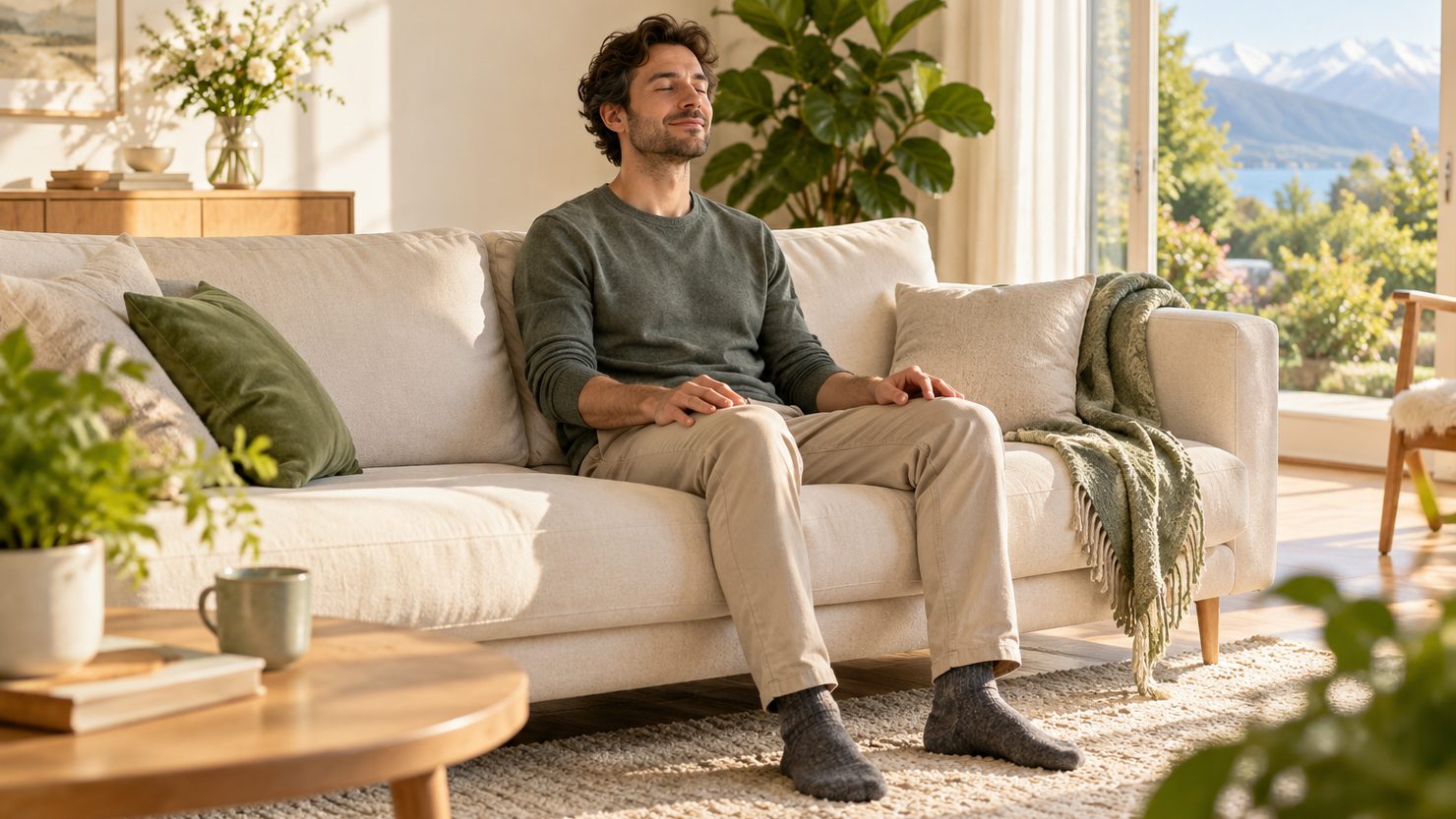 Ein Mann sitzt mit geschlossenen Augen und leisem Lächeln entspannt auf einem hellen Sofa