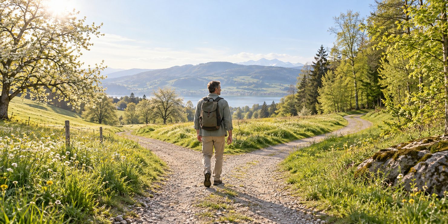 Ein Mann wandert auf einem sonnigen Weg durch die Landschaft